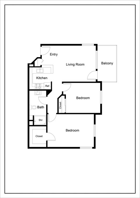 Floor plan for 2 beds, 1 bath, 700 sqft